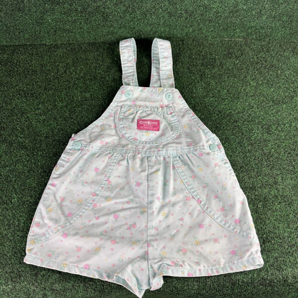 Vintage OshKosh Bgosh Overalls Baby Girls Floral Shortalls Vestbak Blue Size 5